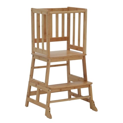 COSYLAND Bamboo Toddler Kitchen Step Stool,Natural Standing Tower with Anti-Slip Protection for...