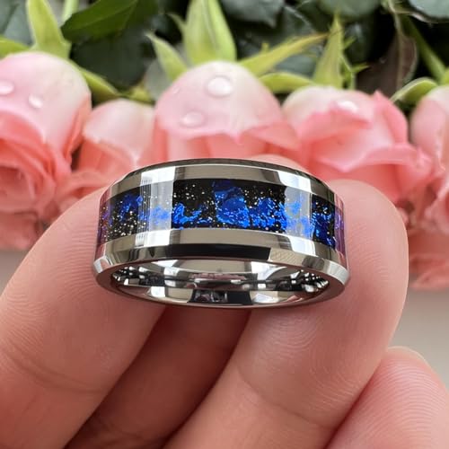 8mm Silver/Black Tungsten Rings for Men Women Orion Nebula Galaxy Opal Blue Gold Foils Inlay Engagement Wedding Promise Band Beveled Edges Polished Comfort Fit3