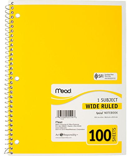 Mead Spiral Notebook, 1 Subject, Wide Ruled, 100 Sheets, 8" X 10 1/2", Assorted Colors, Pack Of 6 #TOP2