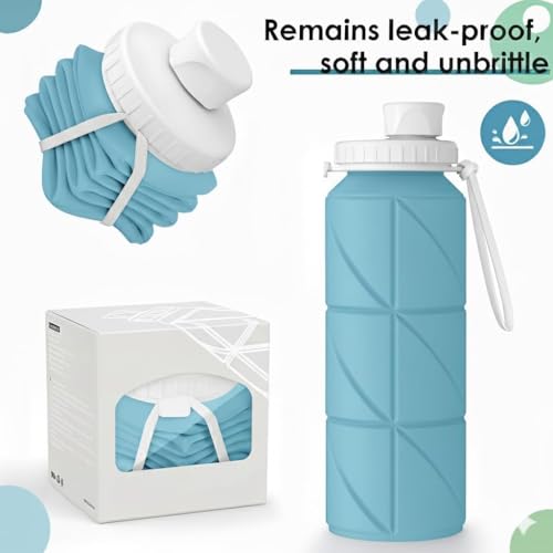 Image of 600ml Folding Silicone Water Bottle for Travel, Gym, Hiking, Camping with Leak-Proof Lid Space-Saving Portable Bottle (Blue & Grey)