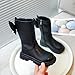Girls Mid-Calf Riding Boots Side Zipper Fashion Back Bowknot Combat Boot Faux Leather Chunky Low Heel Outdoor Shoes