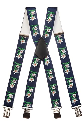 Olata Bretelles X Résistantes pour Hommes avec Motif Edelweiss - 4 cm. Bleu Foncé