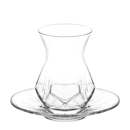 LAV Turkish Tea Set, Alya Tea Set, Turkish Teacups and Plates, Clear Glasses and Saucers, Special Design Turkish Tea Glasses with Coasters, 12 Pcs, 5.5 Oz (165 cc) (12 Pcs)