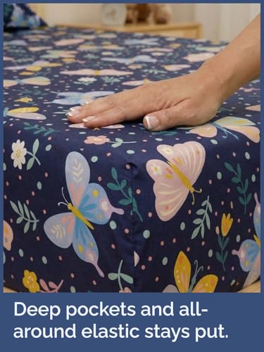 Image of Kids Full Size Moonlit Butterflies Bed Sheets - 4 Piece Kids Sheet Set | Moonlit Butterflies Themed Bedding, Ultra-Soft, Cute & Cozy, Breathable & Machine Washable, Bed Set for Boys, Girls & Teens