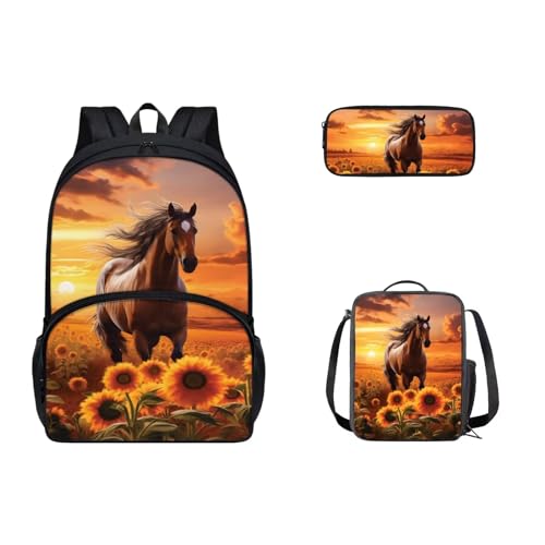 Zaino per bambini per la scuola Sachool zaino con portapranzo e astuccio 3 pezzi Stampa Girasole Cavallo 17 pollici