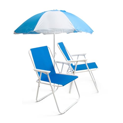 THE SECRET HOME - Pack de Sombrilla y Dos Sillas de Playa Plegables - Ideal para Playa y Piscina - Sombrilla y Sillas de Aluminio y Revestimiento de Tela (Pack 15)