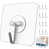 GLUIT Adhesive Wall Hooks for Hanging Heavy Duty 22 lbs Hooks for Walls No Drill, Towel Sticky Clear Hook, Waterproof, Home, Bathroom, Kitchen, Office, and Outdoor 12 Pack