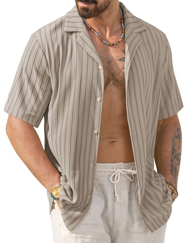 Mens Summer Striped Shirts Casual Cuban Shirt Texture Button Down Shirts for Beach Vacation (S-XXL)