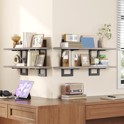 Image of HOOBRO Floating Shelves, 15 Inch Wall Shelf Set of 4, Wall Mounted Storage Shelves 2-Tier, Hanging Bathroom Shelves, for Living Room, Bedroom, Bathroom, Kitchen, Greige and Black BG32BJP401