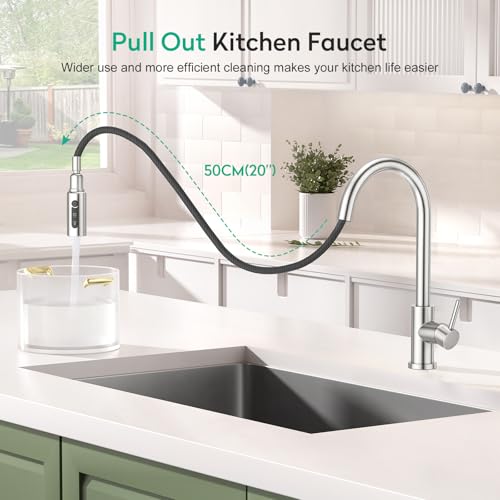 CREA 3 Wege Küchenarmatur mit Brause, Drei Wege Wasserhahn Küche Ausziehbar, 360° Drehbar 3 Wege Mischbatterie, Einhand Trinkwasserhahn, 3 in 1 Spültischarmatur, 3 Wege Armatur aus Edelstahl,Gebürstet