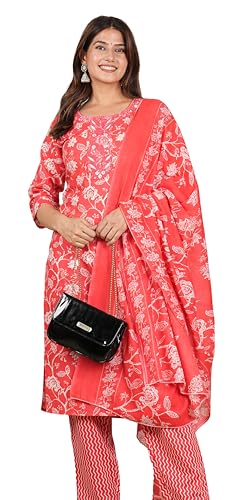 Image of Yash Gallery Women's Cotton Cambric Knee Length Round Neck Floral Printed Embroidered & Checkered Printed Regular Fitted 3 /4Th Sleeve Kurta Pant With Dupatta