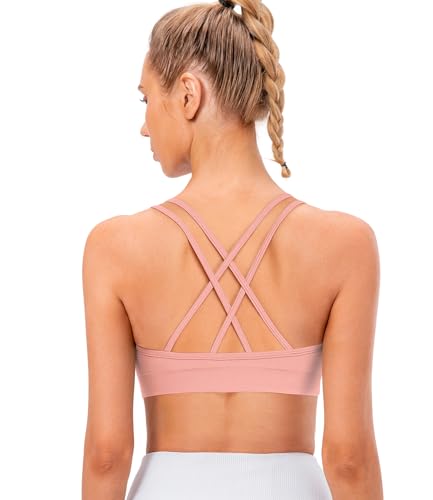 Image of VEQKING Strappy Cross Back Women Sports Bra Pack for Medium Support Workout | Removable Padded Cups, Spaghetti Strap, Comfort Seamless Wirefree, Soft Breathable Fabric, for Gym /Yoga /Pilates /Walking /Daily