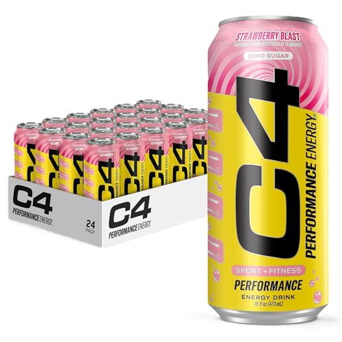 Cellucor C4 Performance Energy Drink | Strawberry Blast | Zero Sugar Carbonated Preworkout Energy | 200mg Caffeine with Beta Alanine | 16 Fl Oz (24 Pack)