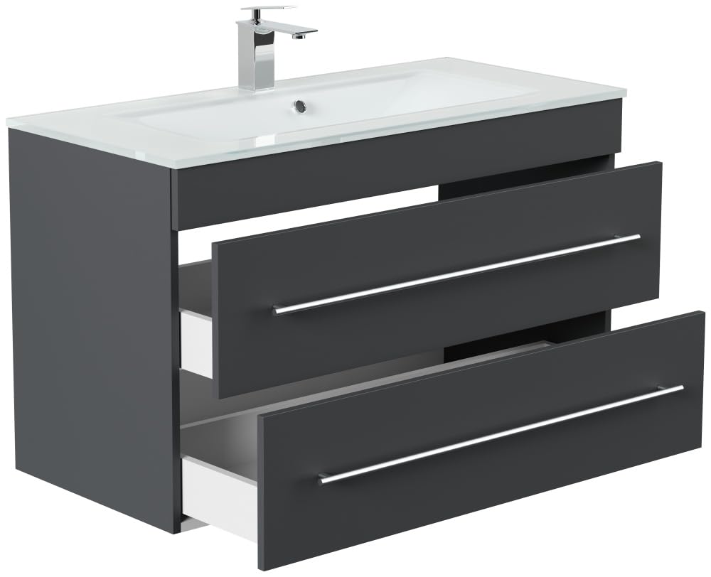 Badmöbel Vitro 1000 mit Glaswaschbecken SoftClose Farbe Grafit