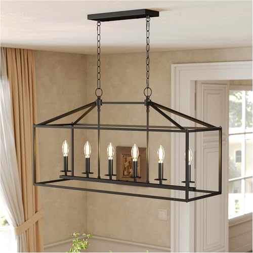 Tribesigns Farmhouse Dining Room Light Fixtures Over Table, 6-Light Candle Holder Kitchen Island Pendant Lighting, Industrial Linear Chandelier Pendant Lights with Adjustable Iron Chain, Black