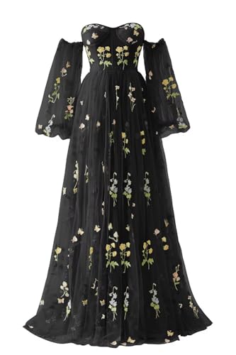 Robe longue de bal formelle tulle noir broderie florale femme 46