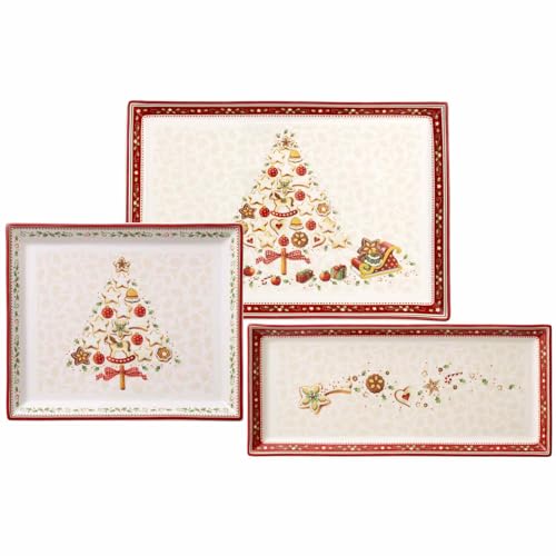 Villeroy & Boch Winter Bakery Delight Gebäckplatten-Set 3-teilig, 40x17 cm I 40x27 cm I 27x23 cm, Servierplatten mit Weihnachtsdekoren, Premium Porzellan, Rot-Weiß