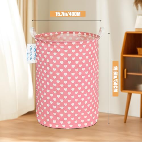 Image of Round Laundry Basket Collapsible Storage Hamper Organizer Pink Heart | Waterproof Canvas Foldable Baskets with sturdy Handles Multi-scene Organizer for Home Play Bedroom Gift Bin