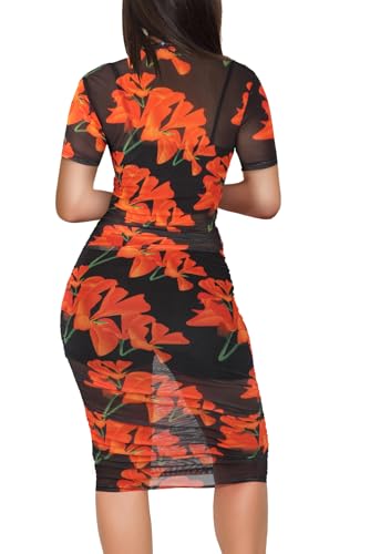Image of Atyfuniby Women's Sexy 3 Piece Outfits Mesh See Through Ruched Midi Dresses + Crop Tank Tops + Skinny Shorts Sets Clubwear