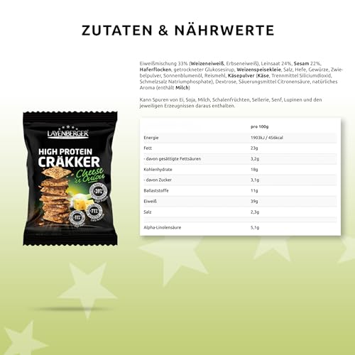 Layenberger High Protein Cräkker, Snacks mit viel Eiweiß und wenig Kohlenhydraten, (8 x 75 g) - Cheese`n Onion
