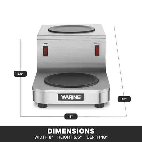 Image of Waring Commercial WCW20R Cafe Deco Double Coffee Carafe Warmer, Step Up Style, 120V, 5-15 Phase Plug | Double Step Up Burner, 70W Self-Regulating Heat Control, Stainless Steel Construction, NSF Certified for Restaurants & Cafes