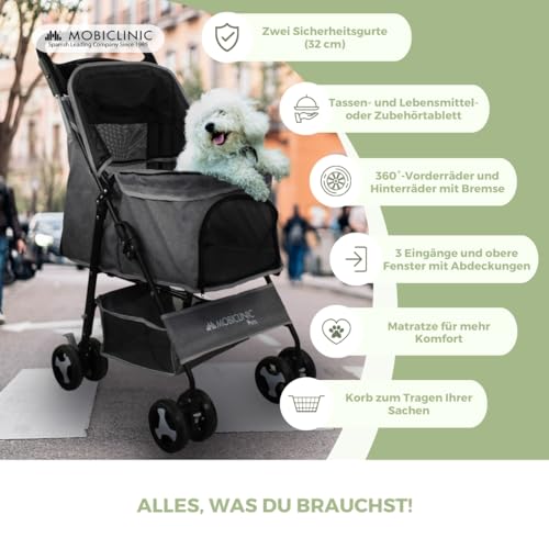 Mobiclinic® pets, Faltbarer hundewagen, Bis zu 15 kg, Ideal für kleine hunde, Zuma, Räder mit 360°-bremsen, Xxl-korb, 3 fenster reißverschluss und moskitonetz, Becherhalter, Grau