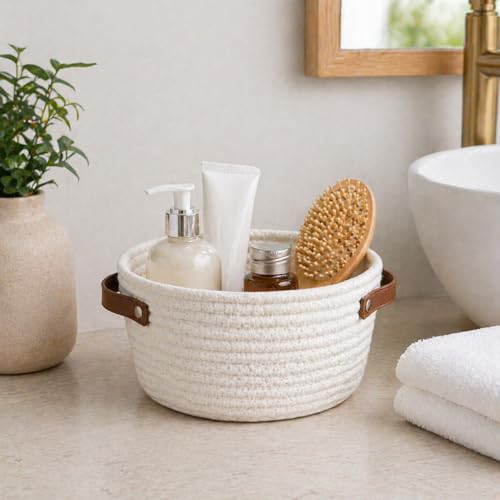 Image of Small Woven Basket, Cute Mini Cotton Rope Storage Basket with leather handle, Tiny Decorative Round Storage Bin, Boho Empty Gift Baskets for Organizing, Toy Organizer for Nursery (Narrow handle)