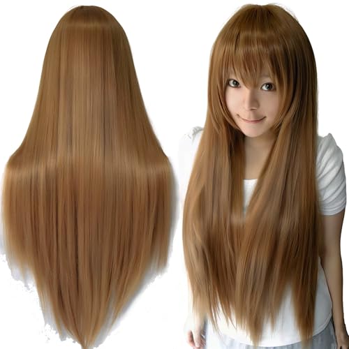 IMISSU 80cm Long Straight Natural Hair Cosplay Wigs with Bangs Colorful Halloween Costume Party Wig for Girl (Brown)