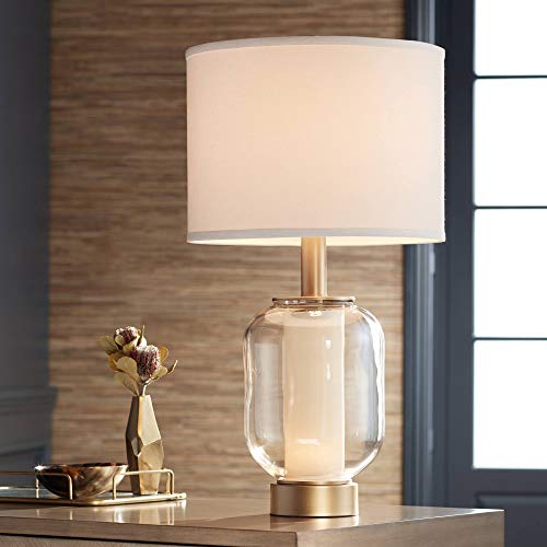 Sophia Modern Contemporary Table Lamp with Nightlight LED Warm Brass Champagne Glass Off White Drum Shade for Living Room Bedroom House Bedside Nightstand Home Office Family - Possini Euro Design