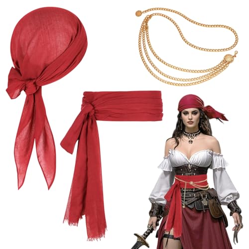 TUONYIS 3 Piezas Accesorios Disfraz Pirata Disfraz Pirata Mujer, Accesorios para Disfraces de Piratas Capitán Pirata, Disfraces de Piratas para Adultos Halloween Carnaval Cosplay (Rojo)