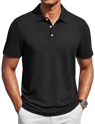 Image of TACVASEN Mens Polo Shirt Short Sleeve Golf Casual Collared Tops Summer Wicking Cotton Work T Shirt with Button Black,XL