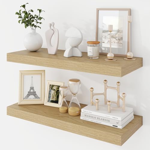 Acovy 24 Inch Floating Shelves 9.3 Deep Floating Shelf Wall Mounted 24 Wall Shelves Rustic Deep Bookshelf Large Display Shelves & Storage Shelves for Bedroom Living Room Oak Set of 2