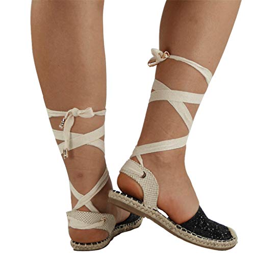 Gibobby Sandals For Women Platform,Women Lace Up Espadrille Flats Side Cutout Ankle Strap Holiday Sandals With Pompon #TOP2