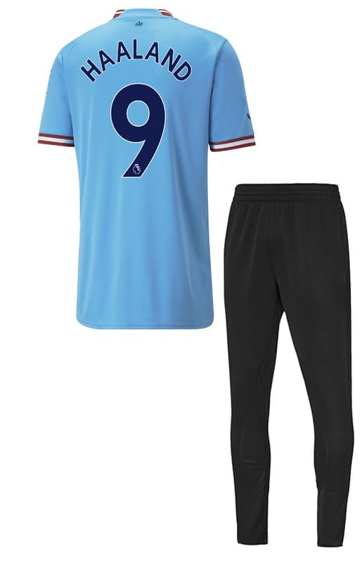Haaland 9 Football Team Halflseeve Printed Blue Jersey with Black Track Pant 2023 (Boys and Kids)
