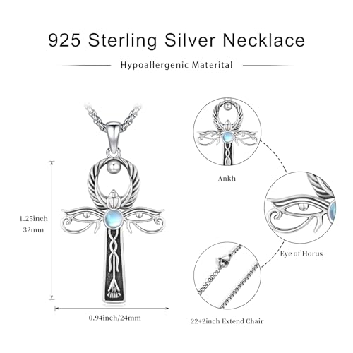 KiiKii Ankh Necklace Men 925 Sterling Silver Moonstone Ankh Pendant Cross Eye of Horus Necklace Ancient Egyptian Jewelry Gifts for Women Birthday Anniversary Christmas2