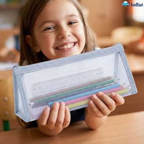 Image of FunBlast Mesh Pencil Case with Smooth Zipper, Single Layer Multi-Purpose Stationary & Pen Pouch for Boys & Girls, Transparent Stationary Bag, Organizer Pouch for Student (Light Grey-C)