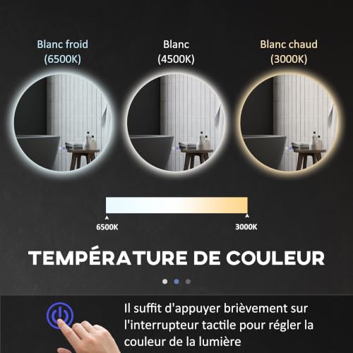 Miroir Rond LED 80 cm Anti-Buée Salle de Bain Kleankin