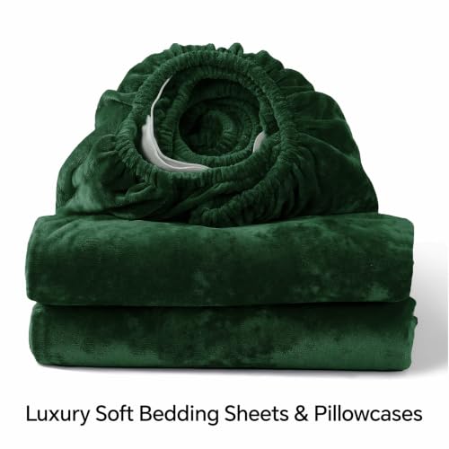 Image of BEDELITE Velvet Fitted Sheet and Pillowcase Set 2Pcs, Twin, Dark Green | Double-Sided Plush Bottom Sheet, Luxuriously Soft & Warm, 360 Elastic & Corner Straps, 15 Inch Deep Pocket, Machine Washable