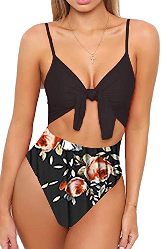 Rvshilfy Women's Spaghetti Strap Tie Knot Front Cut Out High Waist One Piece Swimsuits