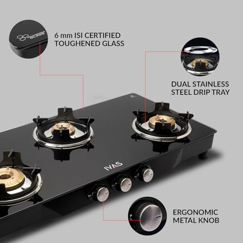 Image of IVAS Ultraflame 3 Burner Premium Glass Cooktop | ISI Certified | Diamond Cut Design |Thick Toughened Glass |Sturdy Pan Support | Safety, Reliability, High Efficiency | 5 years warranty on Glass