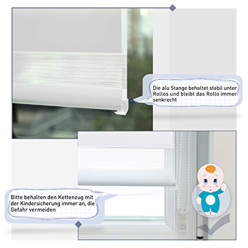 Zarnan Doppelrollo Klemmfix ohne Bohren Weiß 100x230cm(Stoffbreite 96cm) Duo Rollo Blickdicht Zebrarollo Rollos für Fenster ohne Bohren für… – Ansicht 5