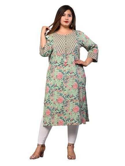 Women Printed Pure Cotton Plus Size Straight Kurta (Green)
