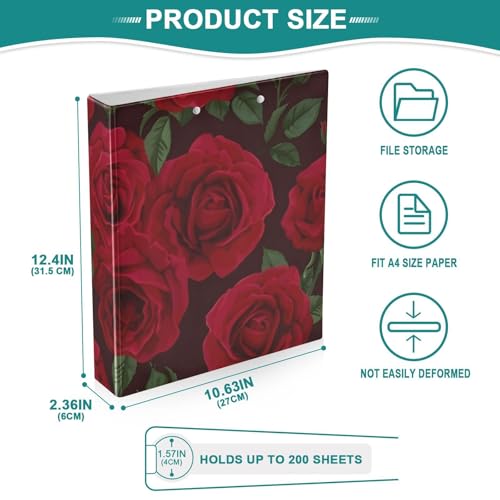Image of 3 Ring Binder Red Rose Black Roses 1.5 inch Binders Three Ring Binders with Clipboard Fit 8.5'' x 11'' Paper 3 Interior PVC Clear Pockets for Office Supplies