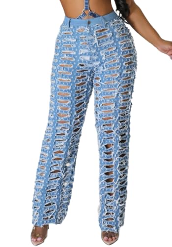 Vaceky Distressed Ripped Jeans Women Elastic Waist Straight Leg Denim Pants