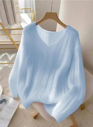 Women's Pink Long Sleeve Plain V Neck Knit Loose Oversized Pullover Jumper Y2K Sweater Cozy Fall Winter Outfits3