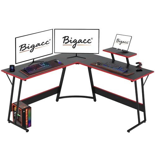 Image of L Shaped Gaming Desk, 50 inch Corner Desk, Spacious Dual Tops, P2 Particleboard, Metal Z-Legs, Adjustable Non-Slip Pads, Scratch /Waterproof, Multi-Use Home Office /Game Room /Dorm