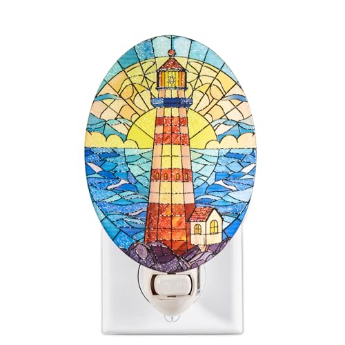 Image of Lighthouse Stained Glass Styled Night Light Plug in - Made with Real Glass, Bulb Included, On /Off Switch - Nautical Beach Theme Bathroom, or Beach House Accent Light Dawn Blue