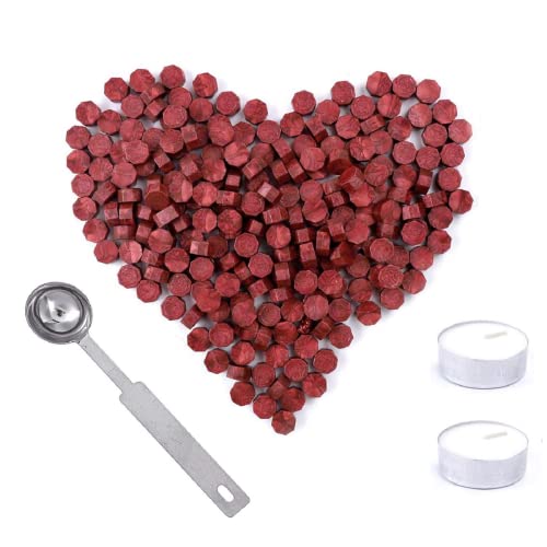 Siegelwachs Kit, 200pcs Siegellack Perlen, Achteckig siegelwachs rot Mit 2 Stück Kerzen und 1Stück Schmelzlöffel für Stempel Versiegelung, Geschenkverpackung, Hochzeitseinladungen, persönliches Kuvert Cover
