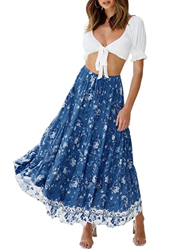 MEROKEETY Falda midi plisada de cintura alta con estampado floral Boho para mujer con bolsillos, Azul oscuro, Large