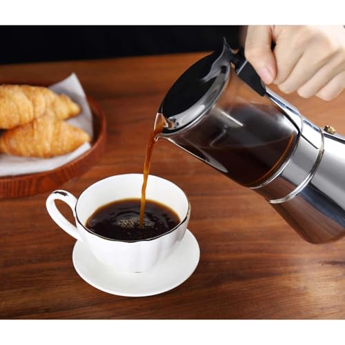 Image of Saiyam Classic Stovetop Espresso Maker for Great Flavored Strong Espresso 4 Espresso Cup Classic Italian Style Espresso Moka Pot Borosilicate Glass and Stainless Steel Built(200ml, Silver)